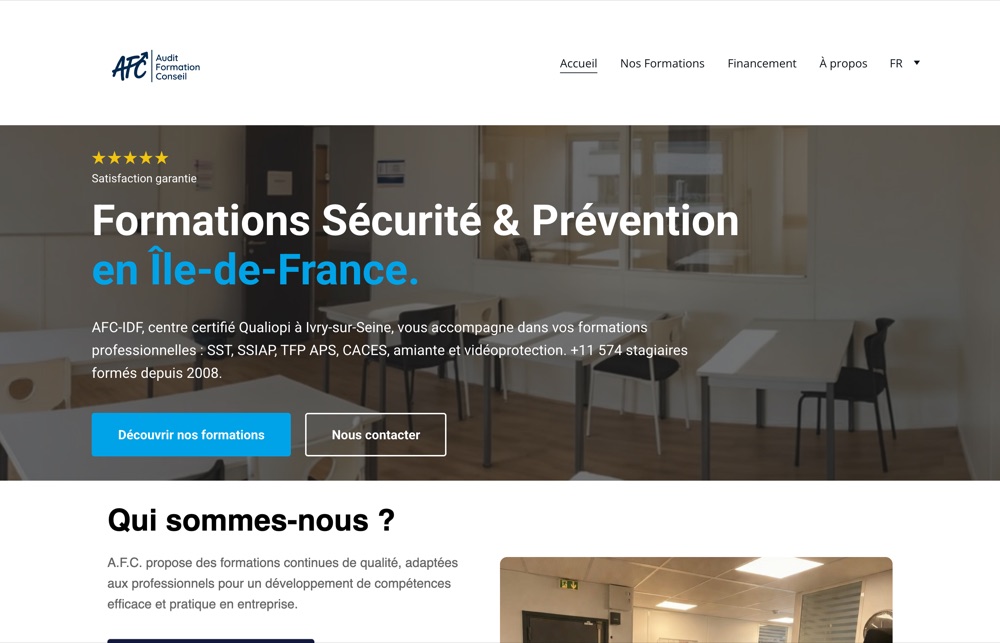 Page d'accueil d'AFC-IDF : « Formations Sécurité & Prévention en Île-de-France »