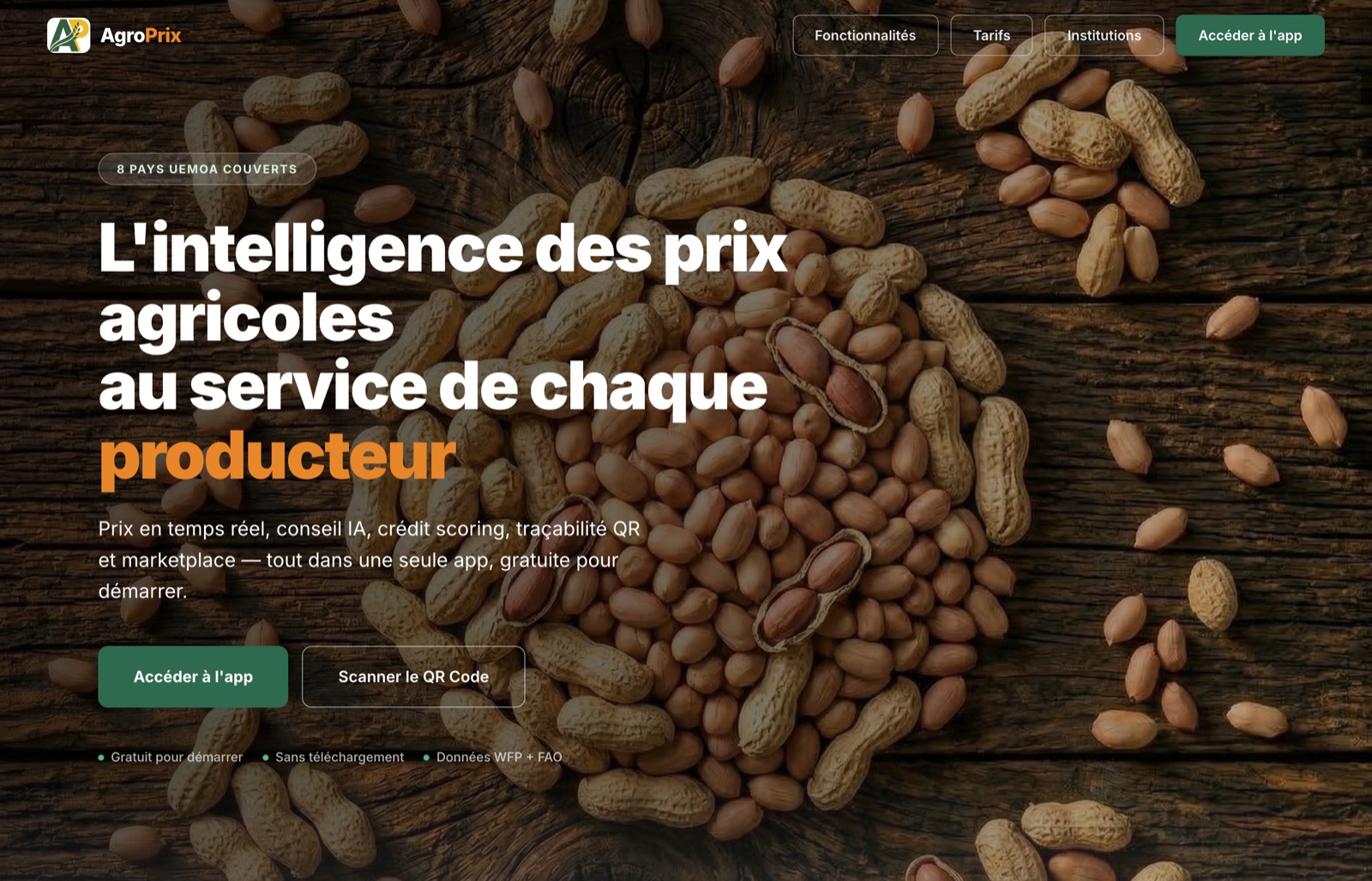 Page d'accueil d'AgroPrix : « L'intelligence des prix agricoles au service de chaque producteur »