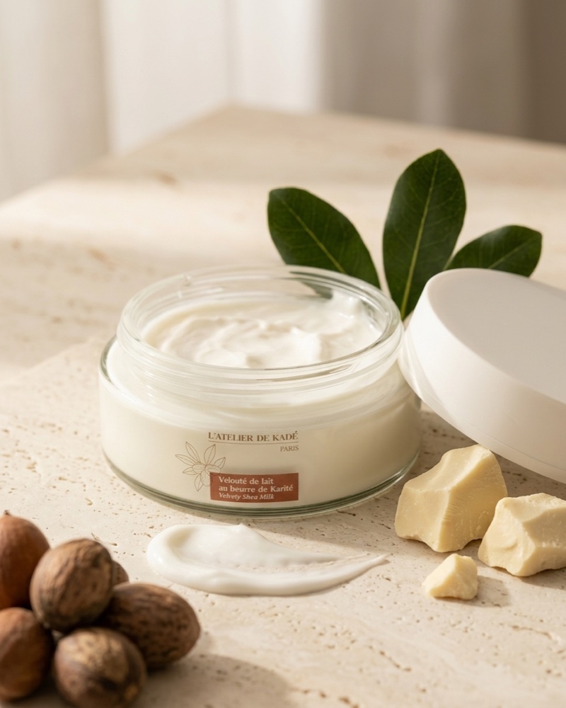 Velouté ouvert entouré de noix de karité et de feuilles, sur fond crème