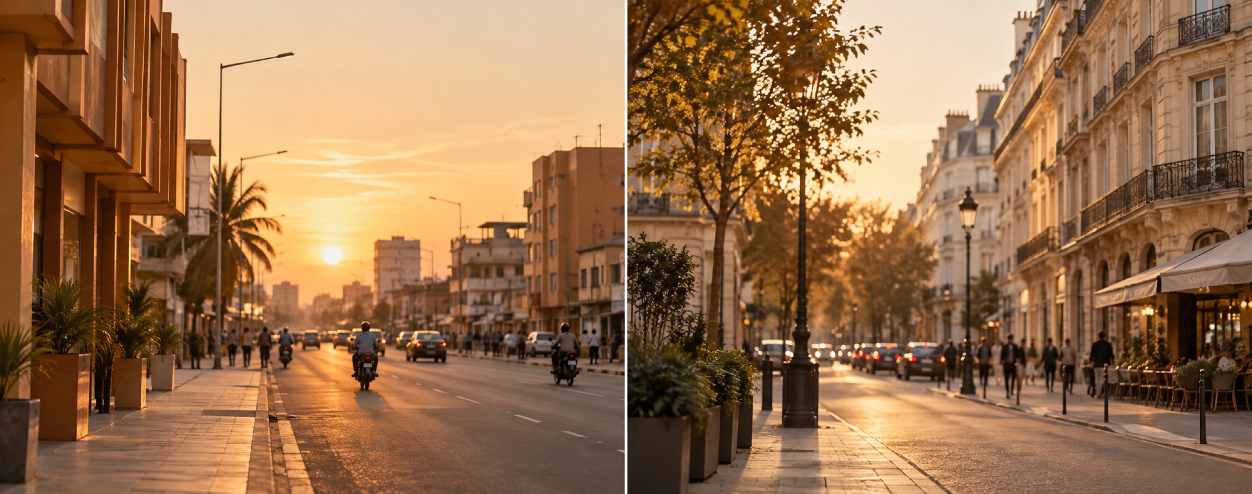 Panorama reliant une architecture ouest-africaine à une façade parisienne au coucher du soleil